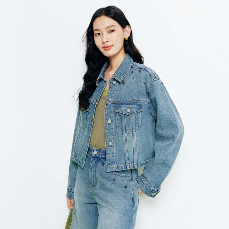 FS蓝色优雅翻领手工钉珠珠片截短款牛仔外套26春夏新款女装J172A