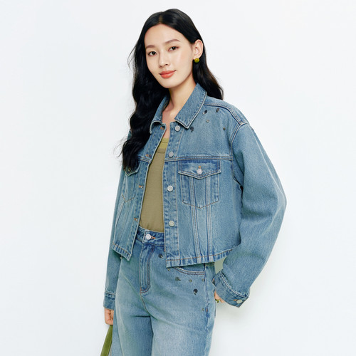 FS蓝色优雅翻领手工钉珠珠片截短款牛仔外套26春夏新款女装J172A