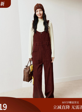 firststation复古灯芯绒修身月亮背带裤休闲裤女25秋新款6520A