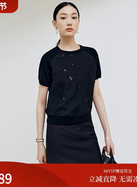 firststation优雅圆领针梭相拼短袖套头针织衫女25秋新款9553A