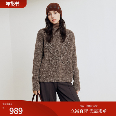 firststation优雅圆领立体花卉宽松套头针织毛衣女25冬新款9536A