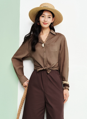 FS优雅V领单排扣蕾丝拼接亚麻略收腰长袖衬衫26春夏新款女装2105A