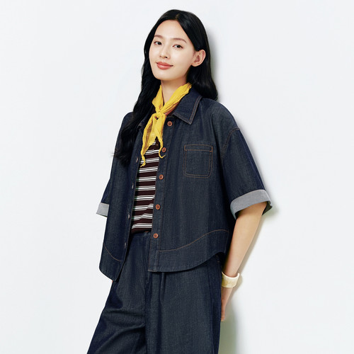 FS复古翻领单排扣原牛色卷边短袖牛仔衬衫26春夏新款女装J275A
