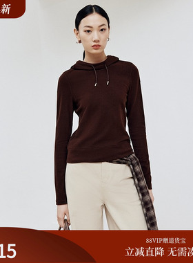 firststation咖啡色休闲连帽微收腰上衣打底衫女25秋新款5457A
