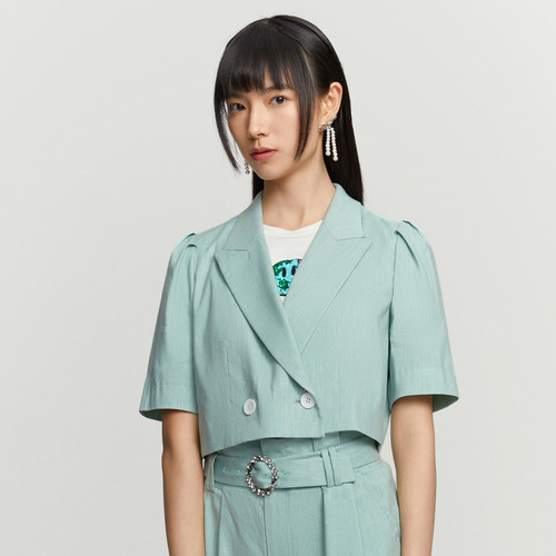 DOUBLOVE贝爱 箱型少女感西装短外套复古泡泡袖含ya麻