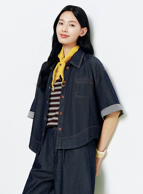 FS复古翻领单排扣原牛色卷边短袖牛仔衬衫26春夏新款女装J275A