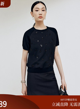 firststation优雅圆领针梭相拼短袖套头针织衫女25秋新款9553A