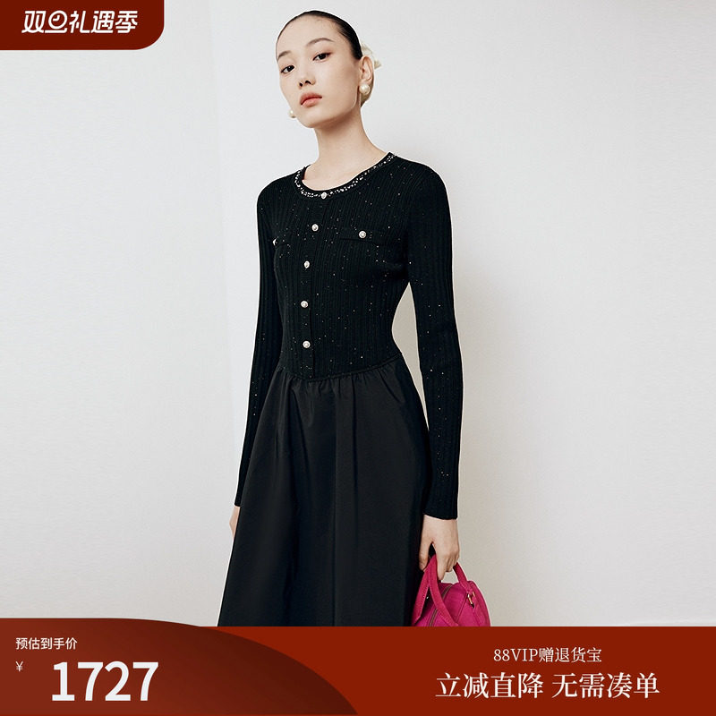 FS优雅圆领小香风拼接针织毛衣连衣裙女25秋新款9460A