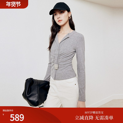 firststation时尚翻领前中抽褶修身长袖打底衫女25秋新款5428A