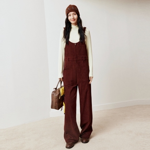 firststation复古灯芯绒修身月亮背带裤休闲裤女25秋新款6520A