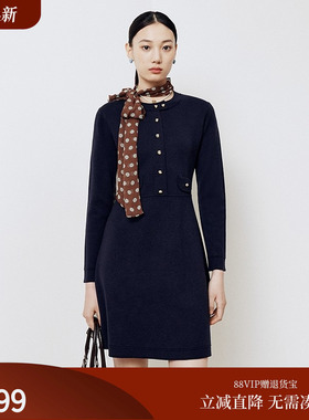 firststation时尚藏青色圆领套头长袖针织连衣裙女25秋新款9422A