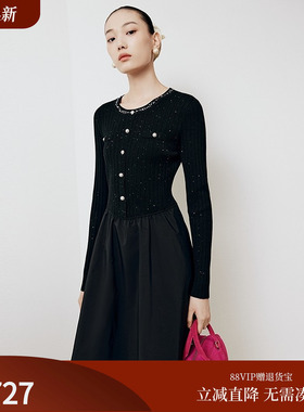 FS优雅圆领小香风拼接针织毛衣连衣裙女25秋新款9460A