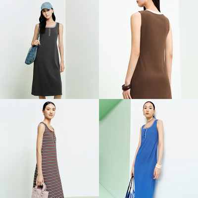 FS时尚多色圆领撞色假两件休闲背心连衣裙26春夏新款女装4101A