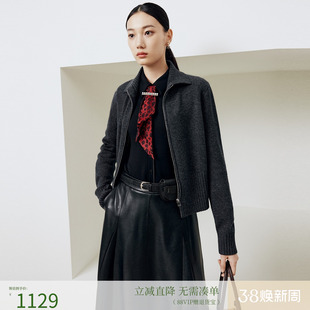 firststation时尚深灰色翻领双拉链针织开衫毛衣女25冬新款9130A