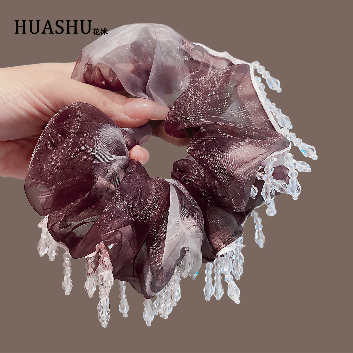 新款晕染欧根纱手工串珠水晶大肠发圈女扎头发丸子头发绳头花发饰