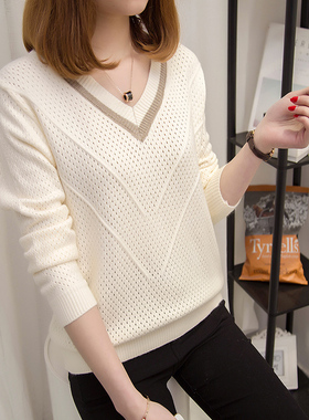 针织衫女套头短款韩版宽松2021秋装新款长袖女士V领小清新毛衣