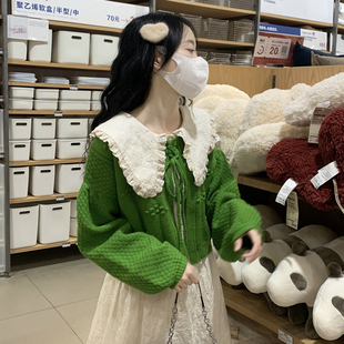 针织开衫 绿色毛衣女装 外搭长袖 小清新设计感绑带短款 秋冬2024新款