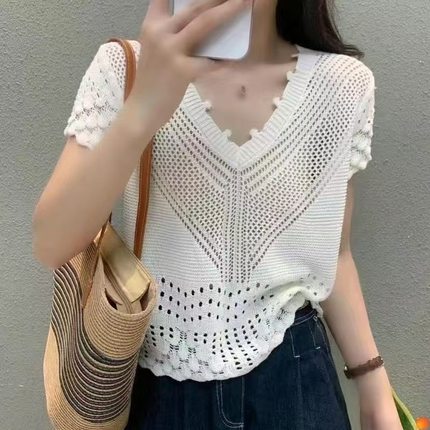 钩花镂空针织衫短袖t恤女装夏季新款V领短款宽松显瘦上衣设计感
