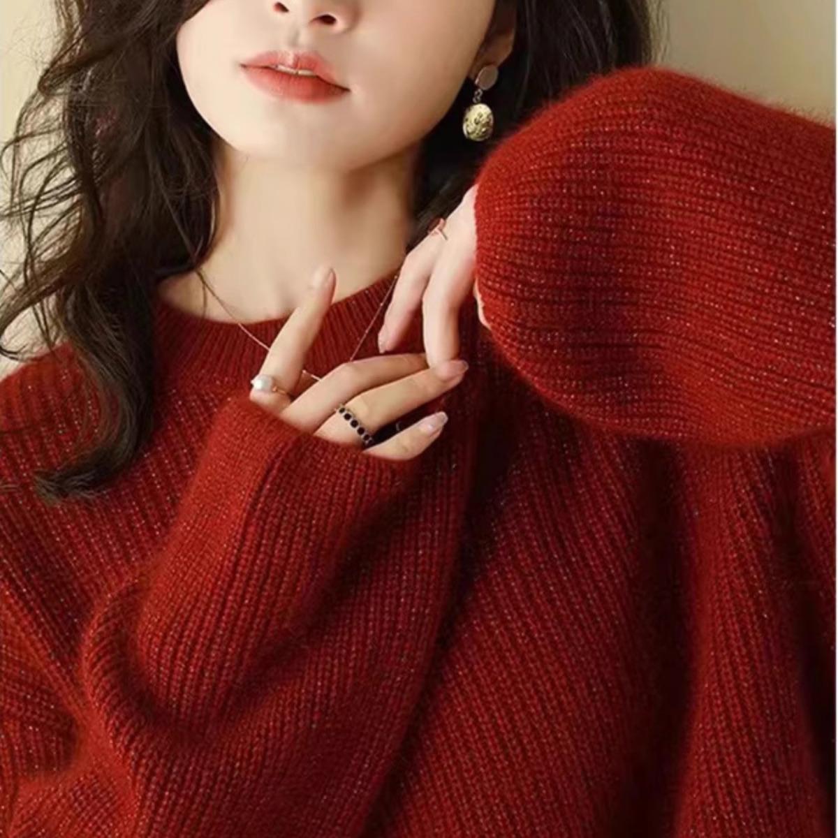 安可拉红色毛衣女冬季红茶风穿搭复古软糯慵懒风宽松套头针织上衣