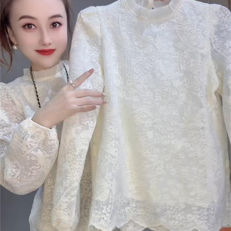 欧洲站洋气时尚蕾丝提花半高领衬衫女秋季新款气质高级感显瘦上衣
