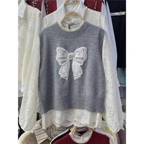 甜美可爱两件套蝴蝶结装饰针织马甲蕾丝打底衫女春季新款叠穿上衣