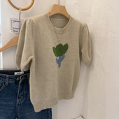 针织衫 软糯浣熊绒泡泡袖 打底秋冬 毛衣女春秋季 灰色花朵郁金香短袖