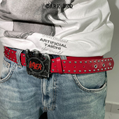 亚文化红色摇滚腰带铆钉打孔个性 金属配件腰带夸张乐队复古做旧