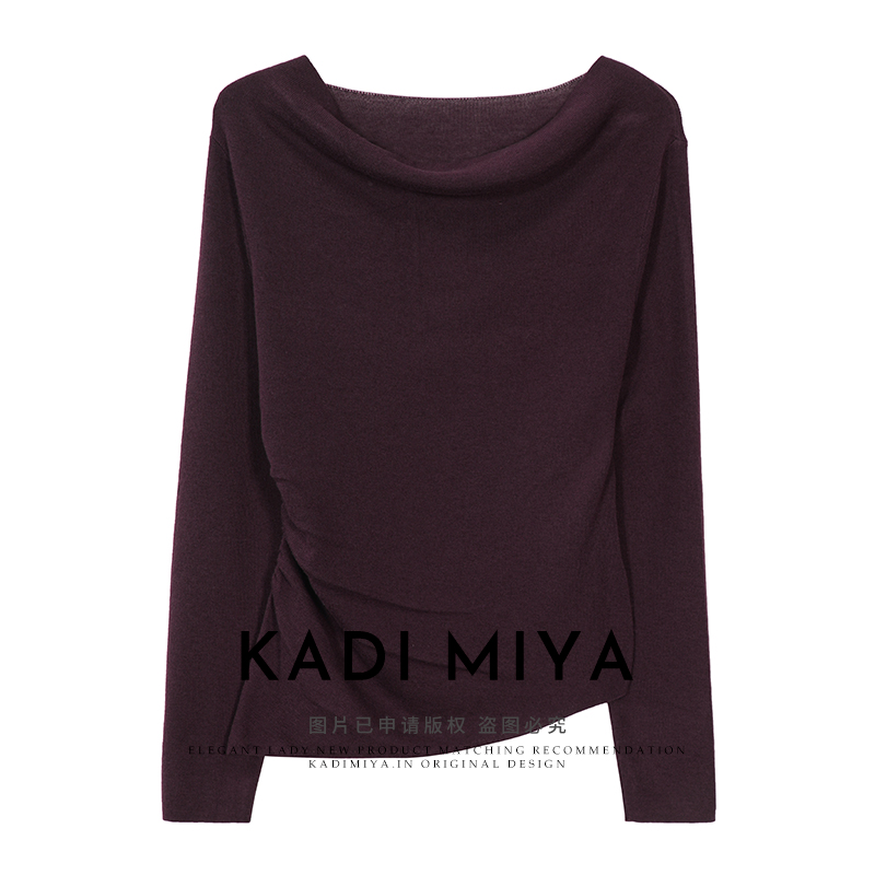 KADIMIYA【卡塔尼亚】法式不规则荡领捏褶针织衫优雅百搭丝光羊毛