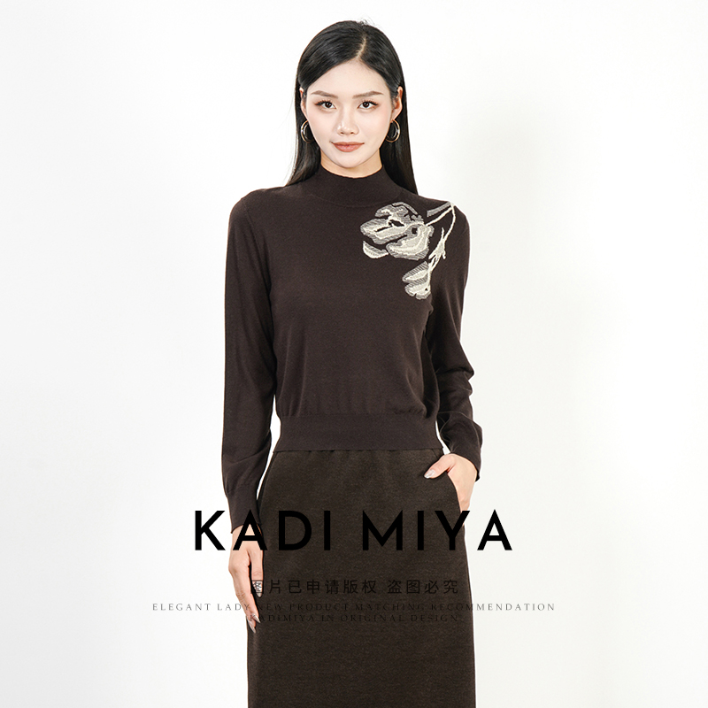 KADIMIYA【艺术笔触】升级版_气质中式提花绵羊毛立领针织衫上衣