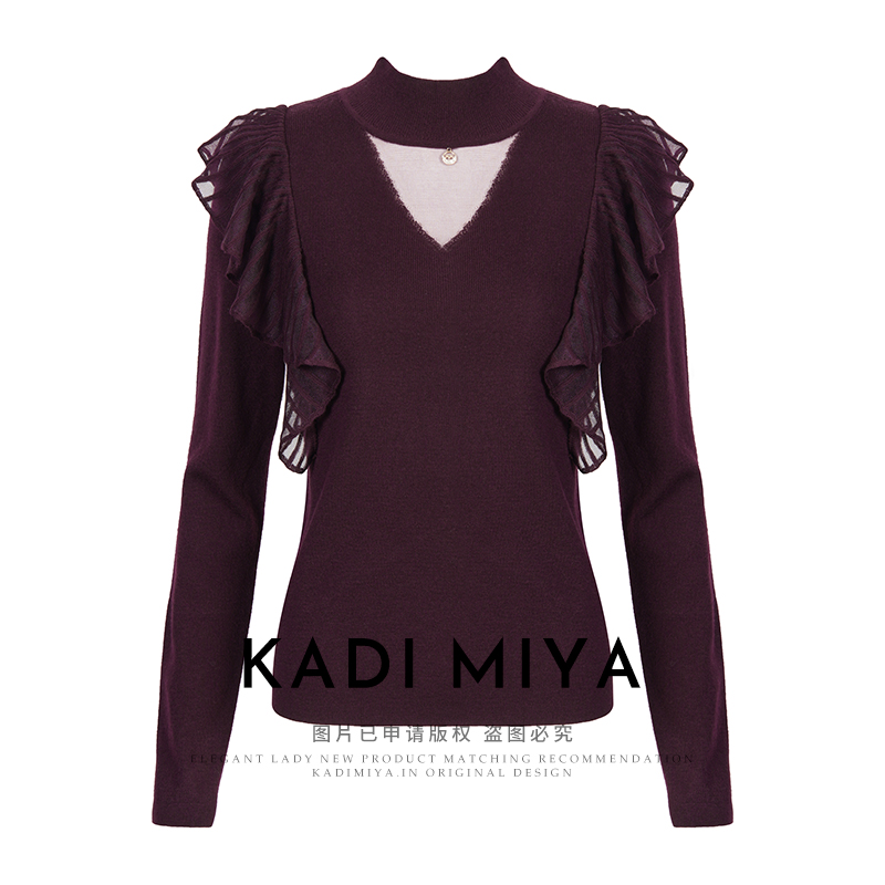 KADIMIYA【浪漫入冬】法式木耳边绵羊毛立领弹力修身针织衫打底衫