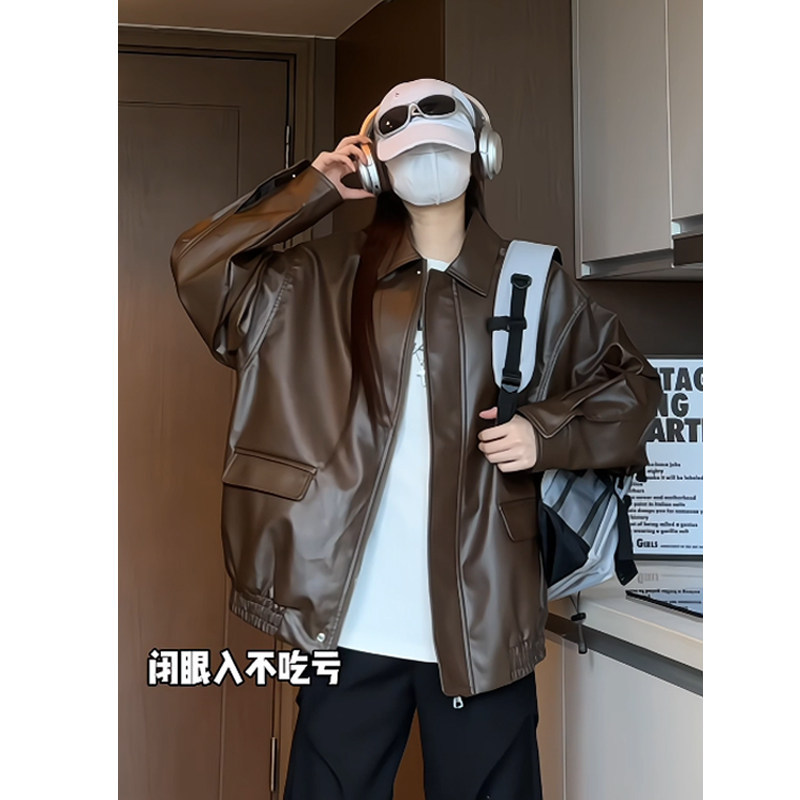 复古美式港风机车棕色PU皮衣夹克外套男早秋新款休闲宽松百搭上衣