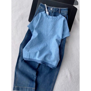 洋气轻奢高级感上衣宽松慵懒风蓝色牛仔花边T恤女夏 欧货炸街时尚