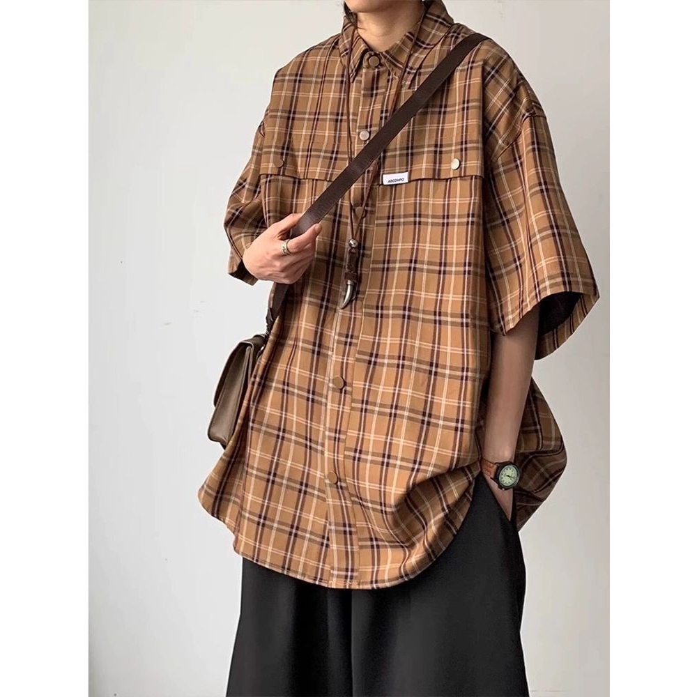 棕咖色格子衬衫男夏季vintage短袖格纹衬衣外套日系复古文艺穿搭