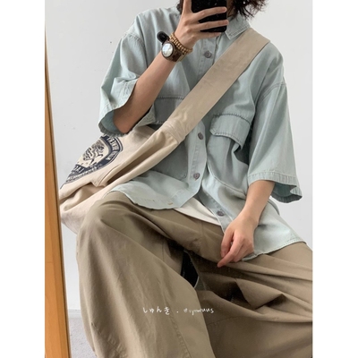 夏季日系复古简约浅蓝色牛仔衬衫男女生宽松男友风短袖衬衣外套潮