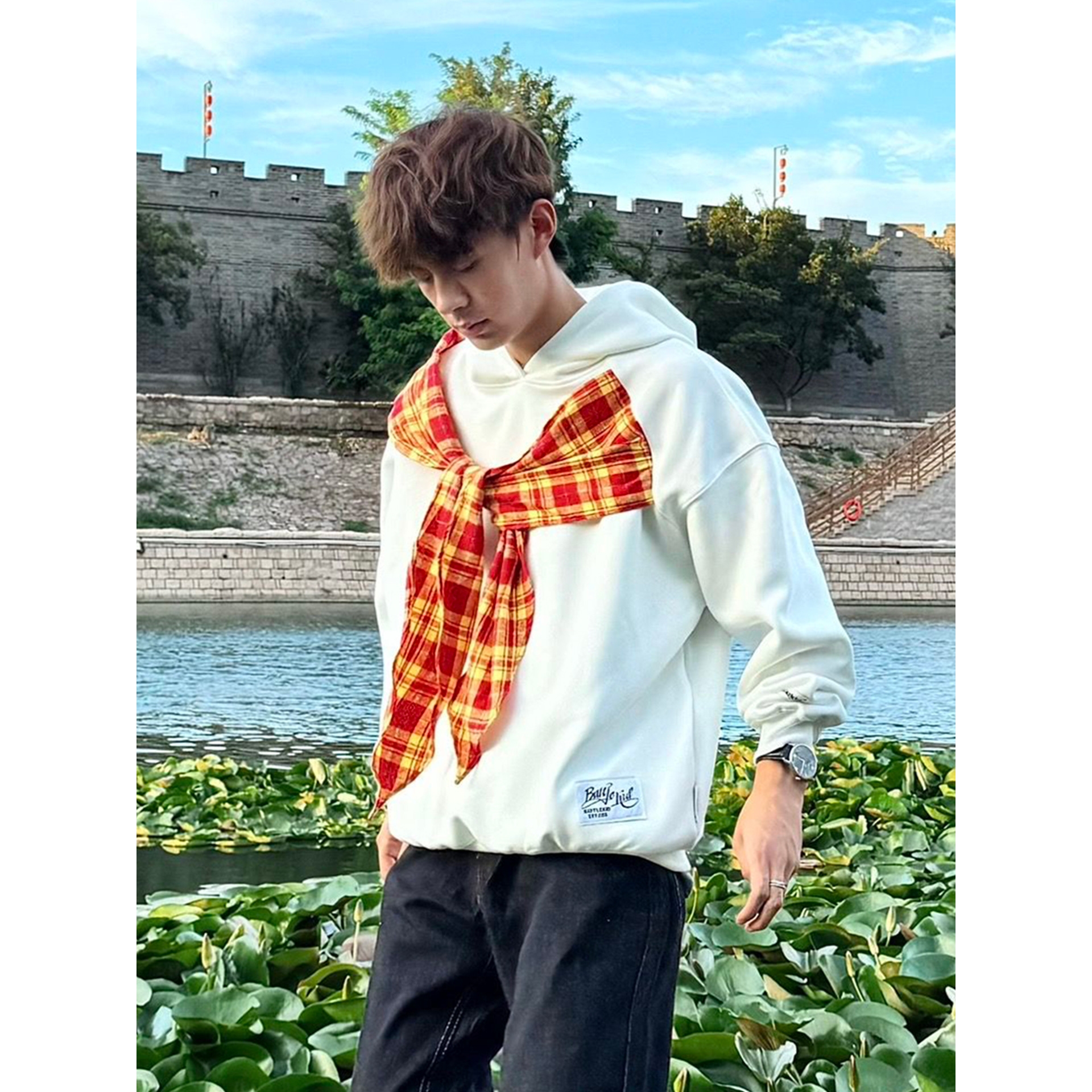 文文同款原创美式复古蝴蝶结绑带连帽卫衣男女秋冬宽松慵懒风上衣