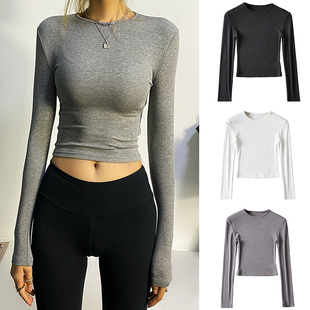 纯色短款 T恤女秋冬高腰露脐上衣潮 打底衫 欧美风性感紧身内搭长袖