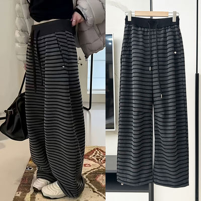 条纹直筒高腰阔腿拖地卫裤女休闲
