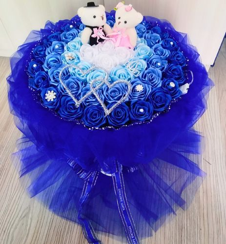 成品 52/33朵手工花丝带玫瑰花束蓝色妖姬布花圣诞生日情人节礼物