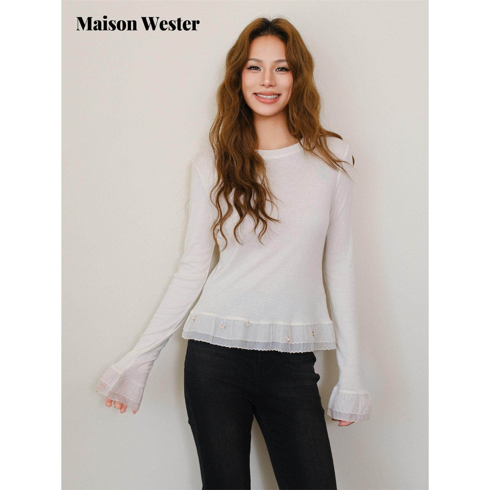 Maison Wester2025冬季新品亮片荷叶边饰长袖小上衣,女装/女士精品,T恤,淘宝优惠券,粉丝福利购,淘宝优惠卷