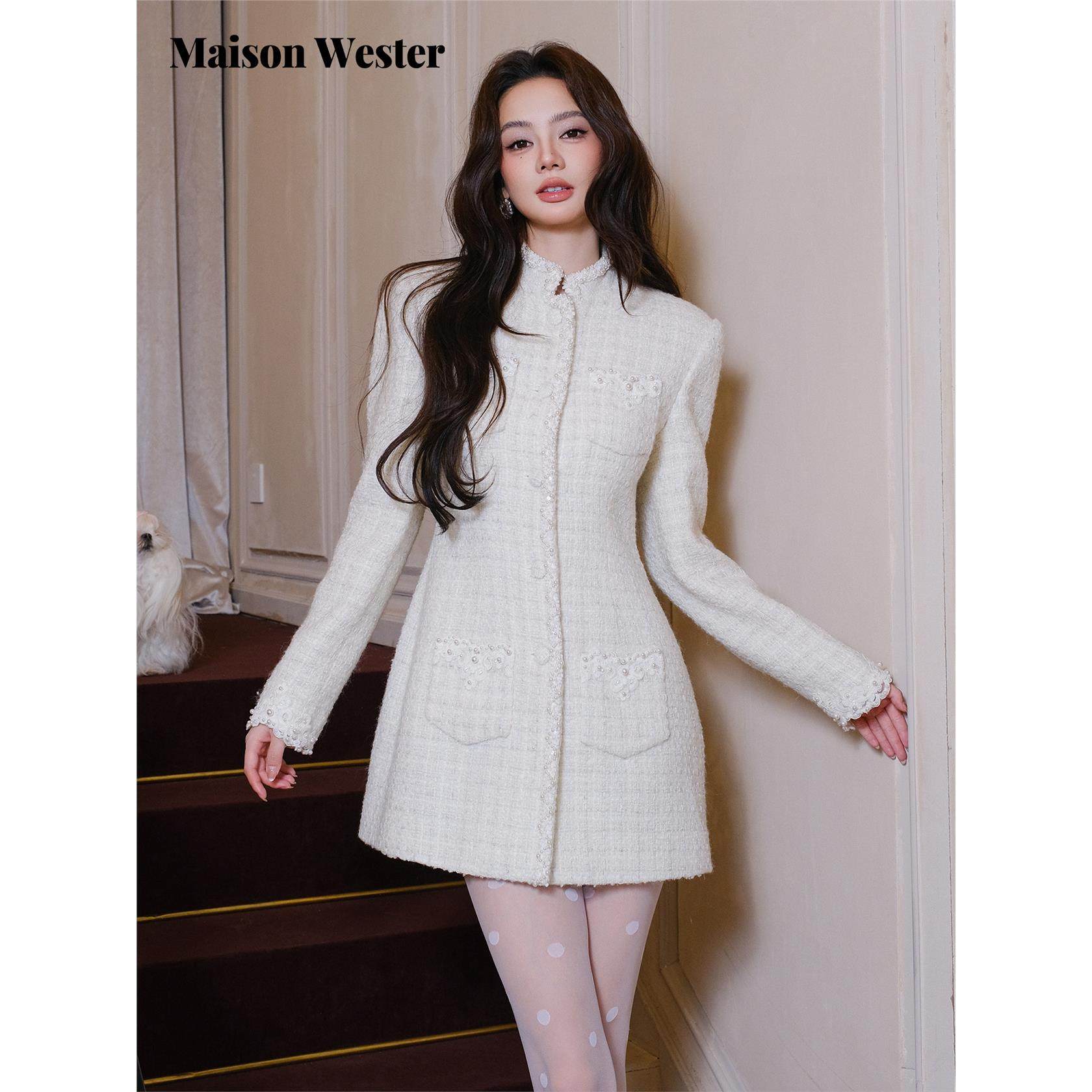 Maison Wester2025冬季新品米白粗花呢立领蕾丝袋盖中长外套,女装/女士精品,毛呢外套,淘宝优惠券,粉丝福利购,淘宝优惠卷