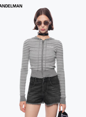 ANN ANDELMAN早秋穿搭灰色开衫针织上衣条纹连帽针织衫外搭毛衣