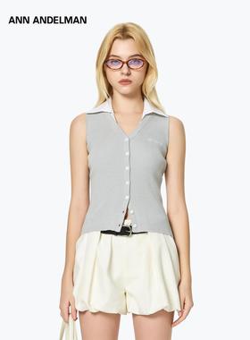 ANN ANDELMAN官方直营灰色设计感修身短款拼接无袖衬衫领毛织背心