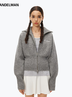 【明星同款】ANN ANDELMAN 花灰色针织开衫女收腰开胸拉链毛衣