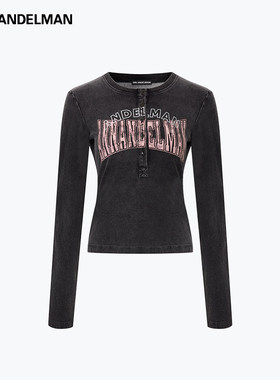 ANN ANDELMAN官方直营 黑色上衣半开圆领修身印花长袖打底t恤内搭