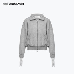 【明星同款】ANNANDELMAN设计感拼接蕾丝袖口双开拉链卫衣外套女