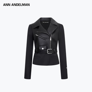 拼接不对称拉链机车皮衣骑士轻软皮夹克 剪裁西装 ANN ANDELMAN修身