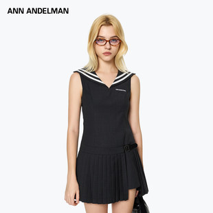 ANDELMAN海军领连衣裙背心裙不规则百褶裙 ANN 明星同款