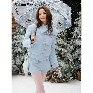 Masion Wester2025年冬季新品蓝色小香风蝴蝶结钻扣羽绒服+短裤