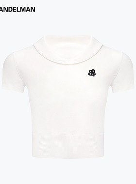 ANN ANDELMAN官方直营白色毛织v领短袖T恤短款设计感高腰上衣