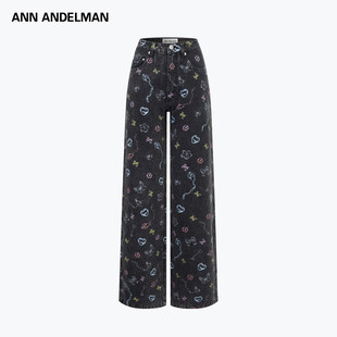 ANN ANDELMAN26春季新款多元素个性印花复古水洗做旧阔腿牛仔裤子